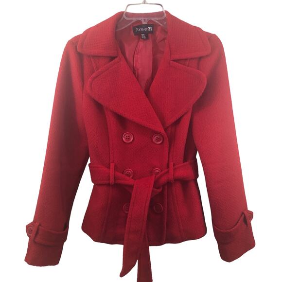 Forever 21 Red Belted Peacoat Jacket Women’s M (Fits S/M) Double Breasted - Picture 2 of 10